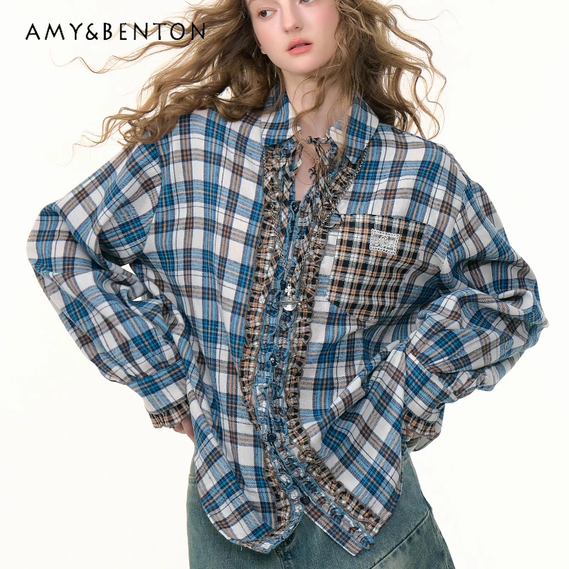 

2025 Autumn Winter New Blue And White Plaid Ruffled Women's Shirt American Retro Design Sweet Cute Long Sleeve Shirts Ladies