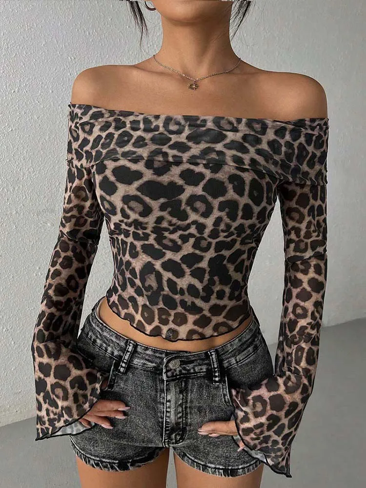 Herbst frauen T-shirt Neue Streetwear Fashion Lange Ärmel Oansatz Tees Sexy Leopard Backless Weibliche Vielseitige Gestrickte Kleidung