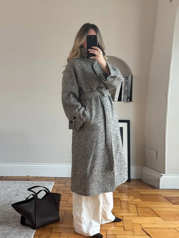Chic High Neck Vintage Grey Woolen Overcoat For Women Long Sleeve Single Breasted Long Jacket 2025 New Lady Autumn Winter Coats