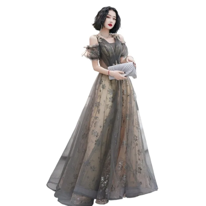 2026 Nuovo abito da sera monospalla elegante ricamato da donna Abito dimagrante alla moda con riflessi Abito da presidente per banchetti