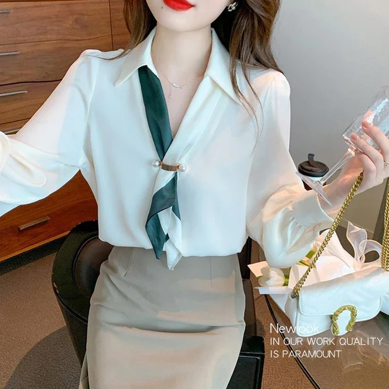 

Women Bow Tie Design Elegant Blouse Korean Fashion Business Casual Office Lady Shirt Spring Autumn V Neck Long Sleeve Top E173