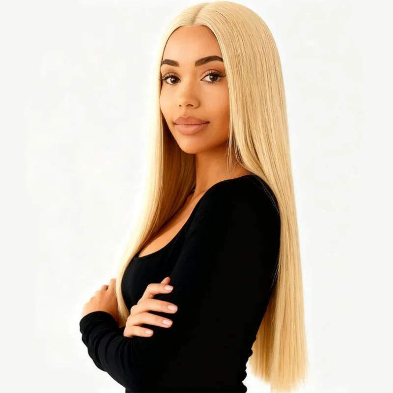 28 inch gold center straight synthetic wig, suitable for daily use at carnival parties, soft and elegant for all women
