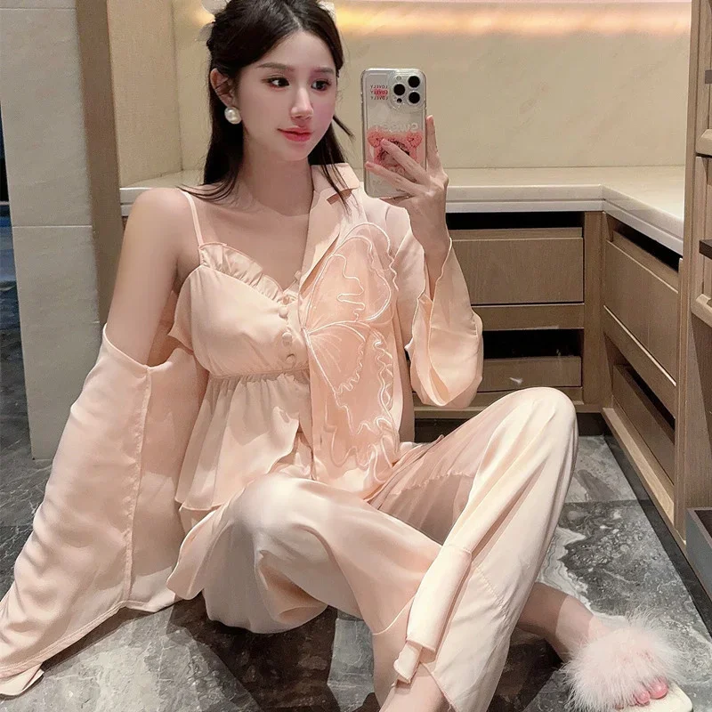 

Summer 3pcs Robe Trousers Pajamas Suit Rayon Sleepwear Women Lace Ice Silk Spring Long Sleeve Bathrobe Causal Home Clothes