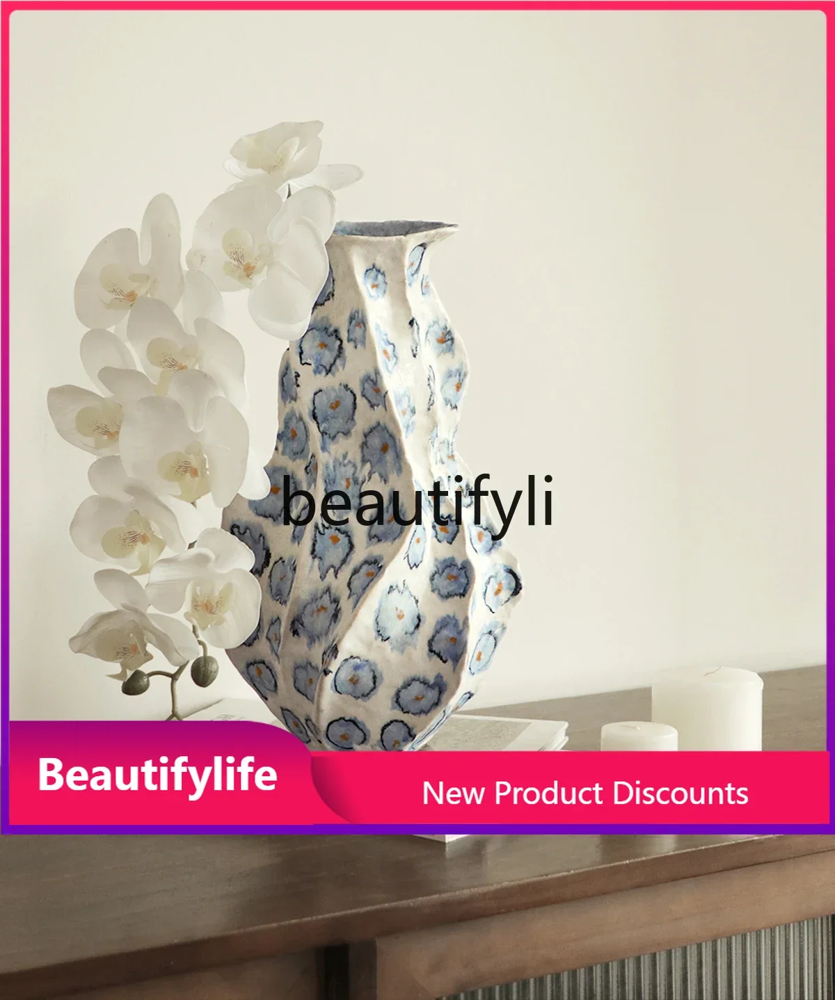 

A57 Vintage French Hand-painted Blue and White Ceramic Art Vase Retro Handmade Flower Arrangement Ornament