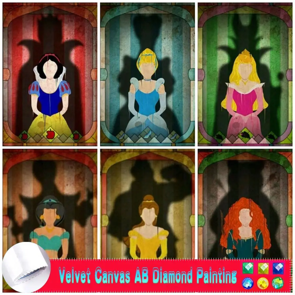 

Disney 5d Cartoon AB Velvet Canvas Diamond Painting Princesses And Their Villagers Shades Full Round Diamond Mosaic Embroidery