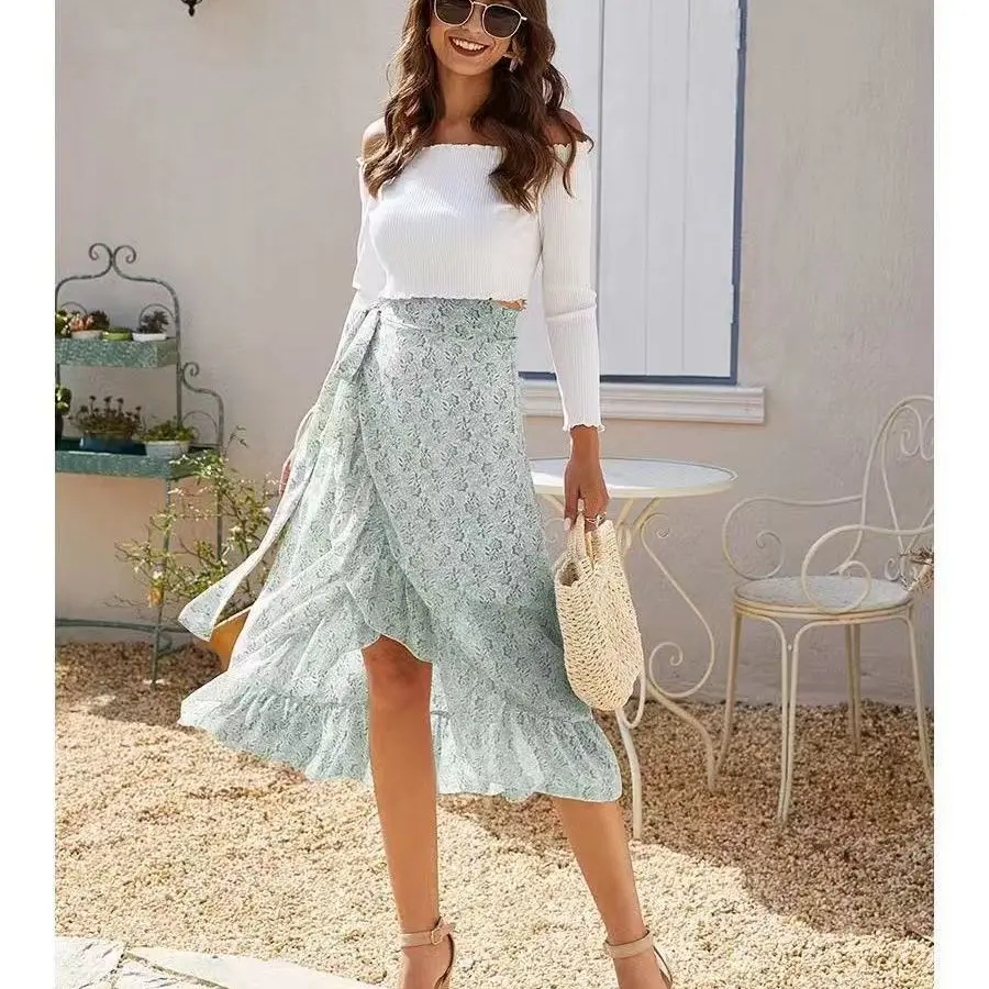 Asymmetrical Floral Print Chiffon Half Skirt with Slit for Women Summer Season Other Fabric Other Style Independent Brand