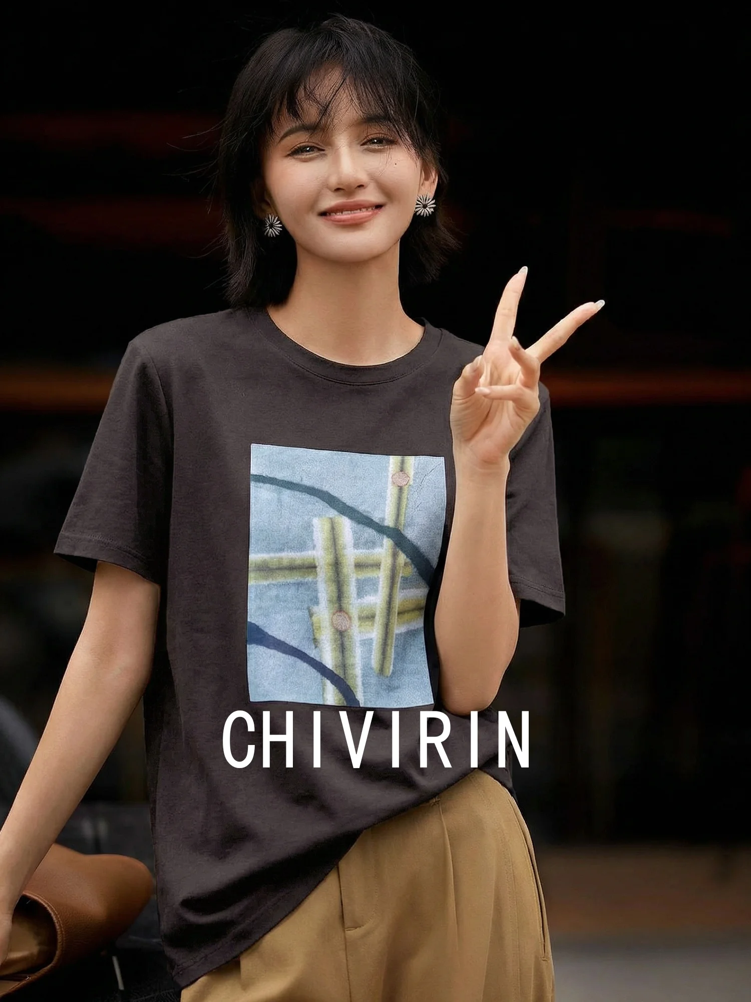 

Abstract Print Short Sleeve T-Shirt Women's Loose Fit Slimming Top Deep Grey Casual Style Spring Summer Cotton 100%