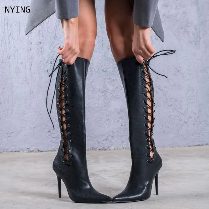 

2025 Sexy Women Knee High Boots Hollow Out Summer Lace Up Thigh High Boot Out Strappy Gladiator Heels 44