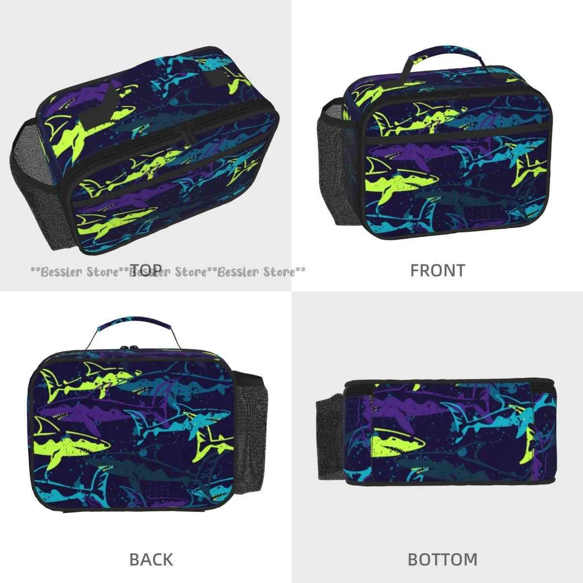 Horizontal Hand Carry Insulated Bento Lunch Bag Funny Sharks Thermal Reusable Meal Container Bag