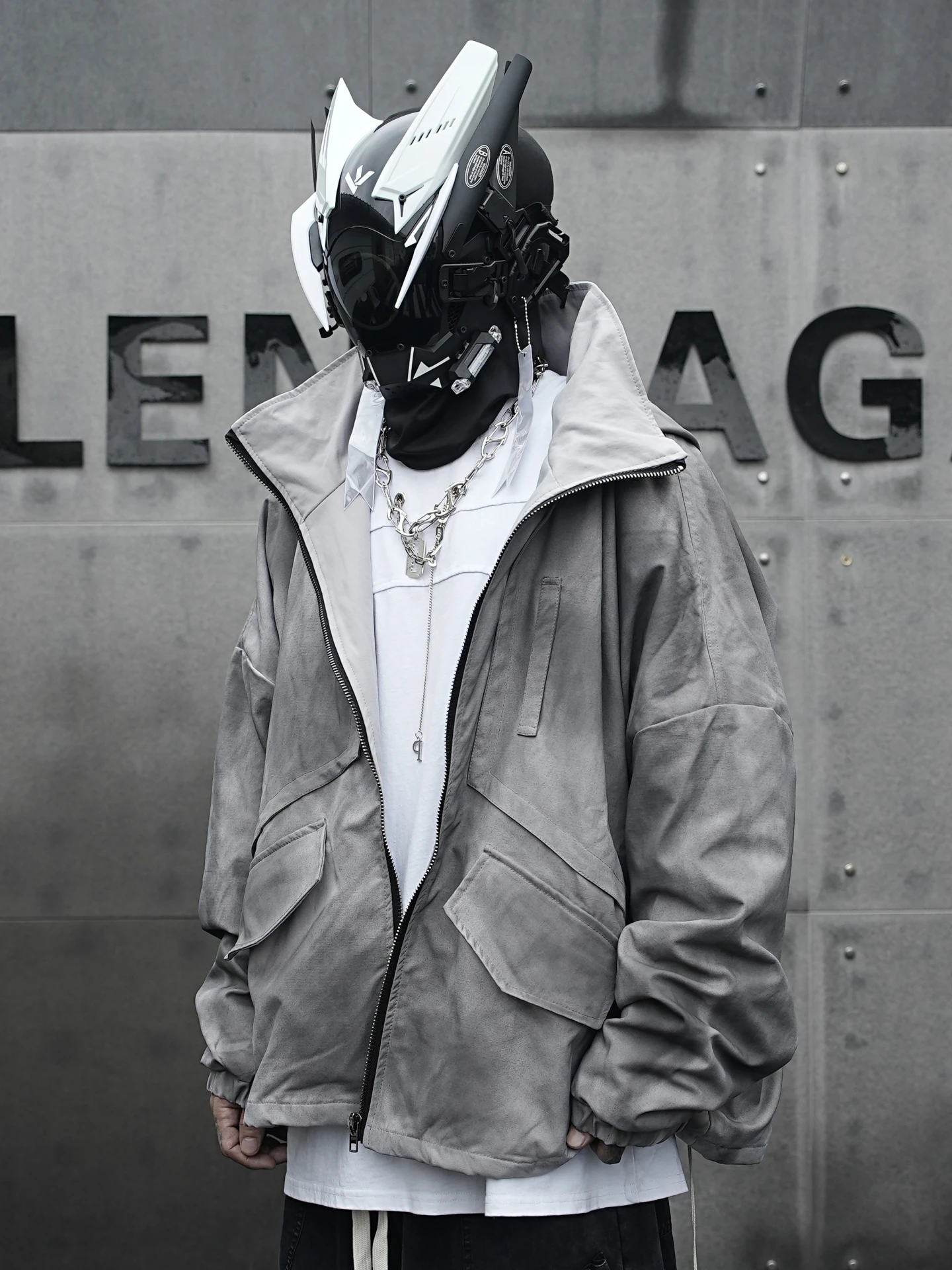 Dirty Dyed Distressed Thin Cotton Stand Collar Hooded Jacket Cotton-Padded Coat Large Size Hip Hop High Street Dark Black