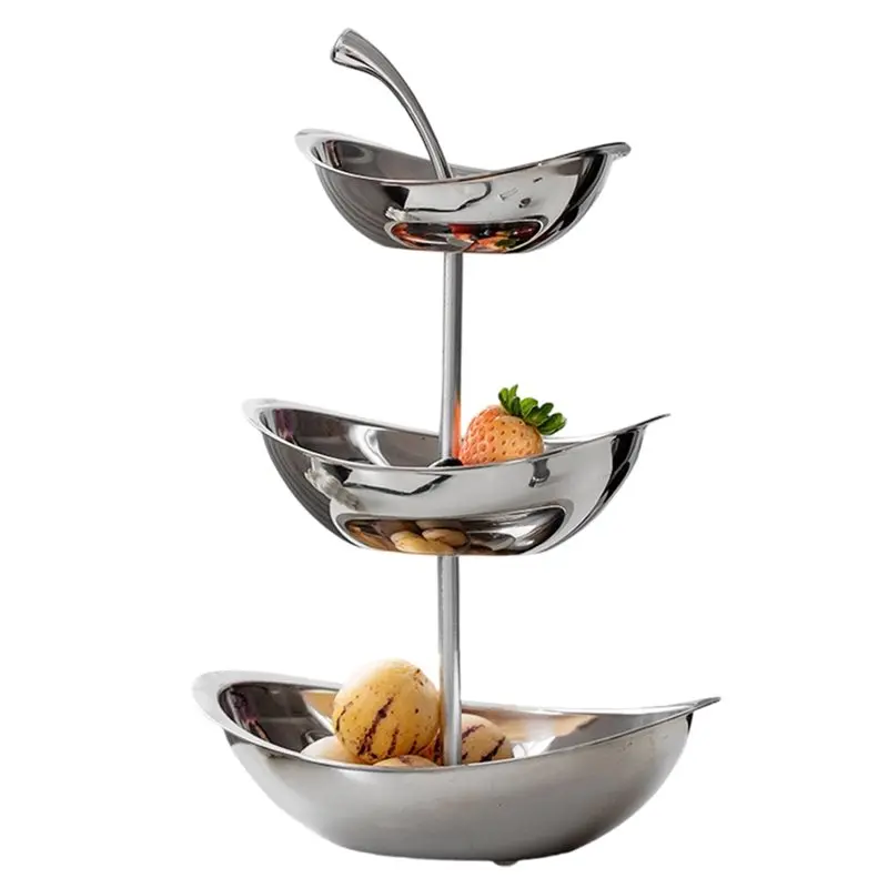 

【LDHL】Elegant Stainless Steel Oval Fruit Tray-Aihem Snack& For Tea Table And Living Room Pastry Plate 3 Levels