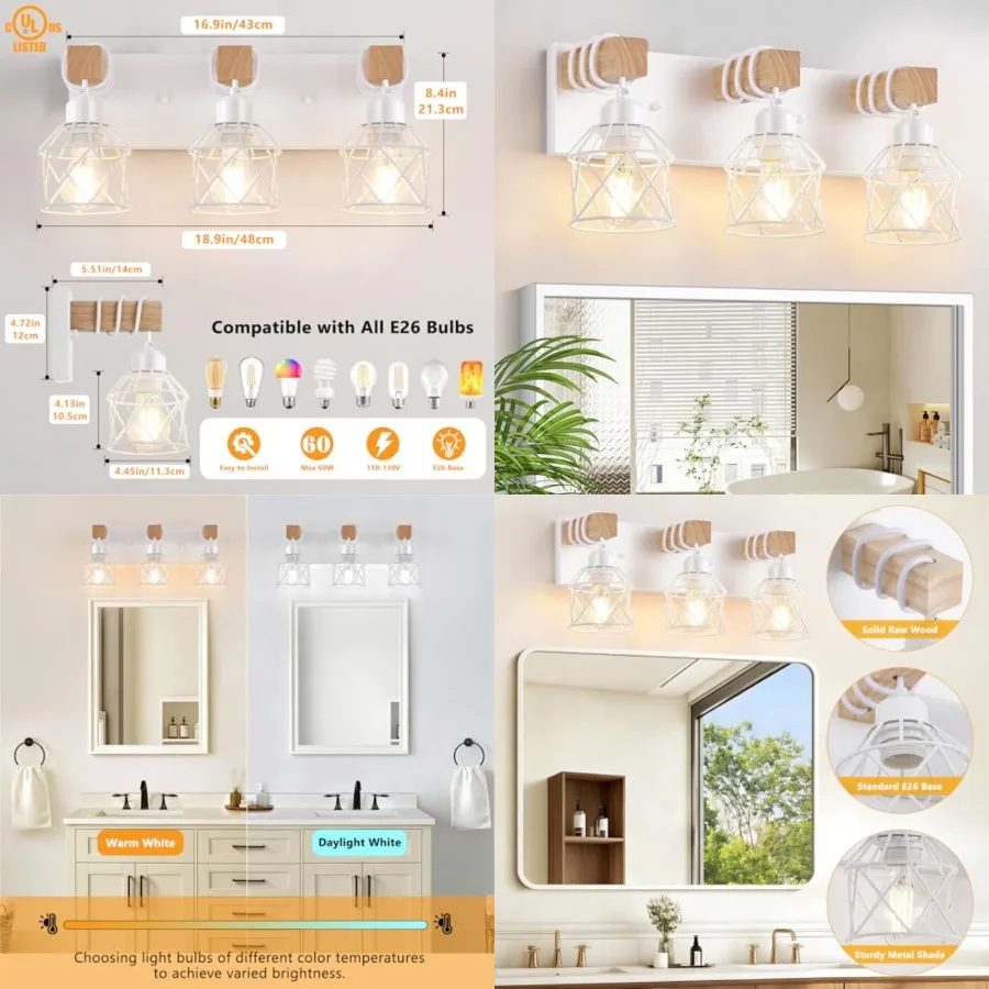 

3-Light Farmhouse Bathroom Vanity Light Fixtures, Rustic Wood Vanity Lights for Bathroom, Modern Bath Sconces Wall Lighting wit