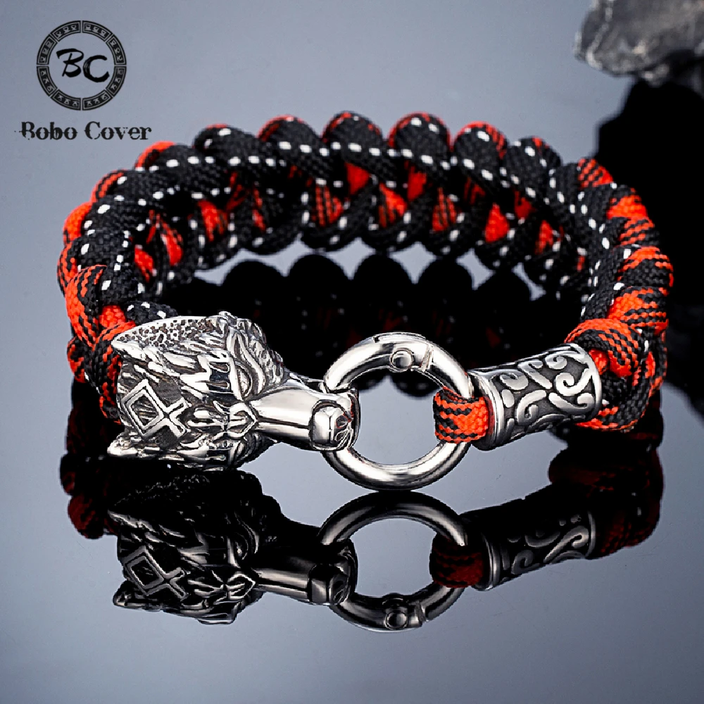 Stainless Steel Norse Odin's Wolf Fenrir Bracelets Men Outdoor Survival Paracord Rope Wristband Handcrafted Male Vikings Jewelry