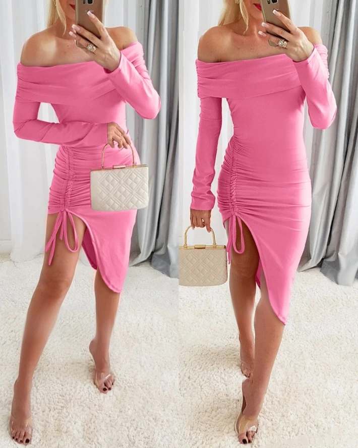 

Women's Dress Elegant Party Dresses Solid Color Off Shoulder Long Sleeve Ruched Side Drawstring Asymmetrical Hem Bodycon Dress