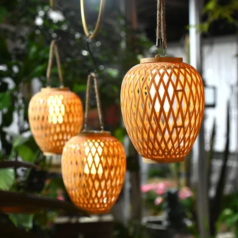 Outdoor Lighting Solar Lantern Night Lights Waterproof Hanging Imitation Bamboo Weaving Table Lamp for Garden Party Decoration