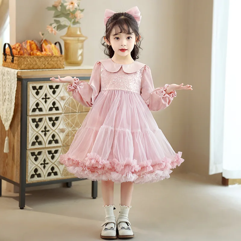 

2025 Autumn/Winter Children's Hot Selling Lolita Doll Collar Splicing Mesh Medium length Dress