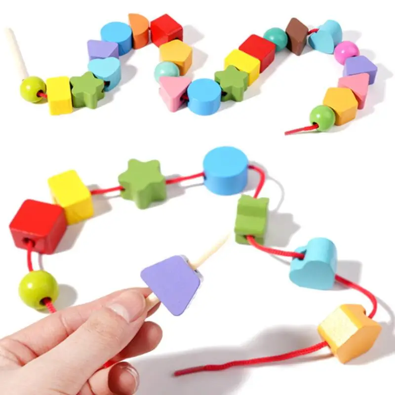 1 مجموعة كتل التراص وجلد الخرز و مطابقة الشكل مكدس ألعاب للتعلم المبكر مونتيسوري الخرز الخشبي تسلسل لعبة الهدايا