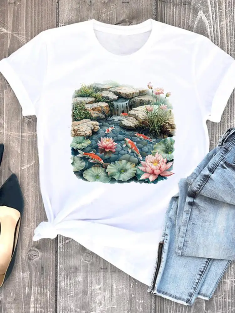 T-shirt da donna con fiori adorabili, abbigliamento carino, moda, t-shirt bianca, stampa, da donna, casual, con grafica, manica corta, o-collo