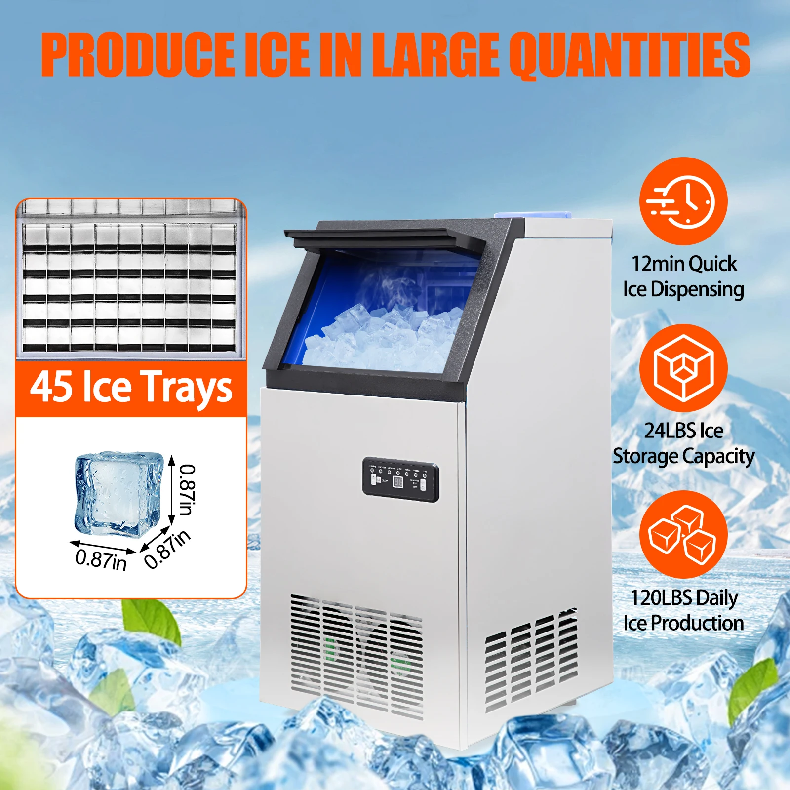 Commercial Ice Maker Machine, 120lbs/24H Counter Ice Maker with 24LBS Storage Bin, 45 Ice Trays, 12-15min Quick Ice Dispensing