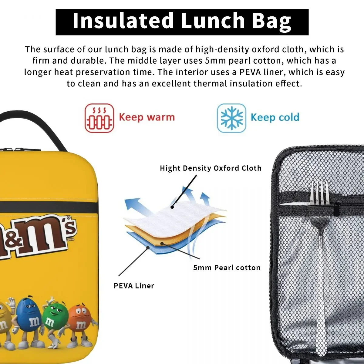 Borsa da pranzo isolata con fagioli di cioccolato M & M per Picnic all\'aperto Cartoon Candy Chocolate Cooler termico a tenuta stagna Lunch Box Women