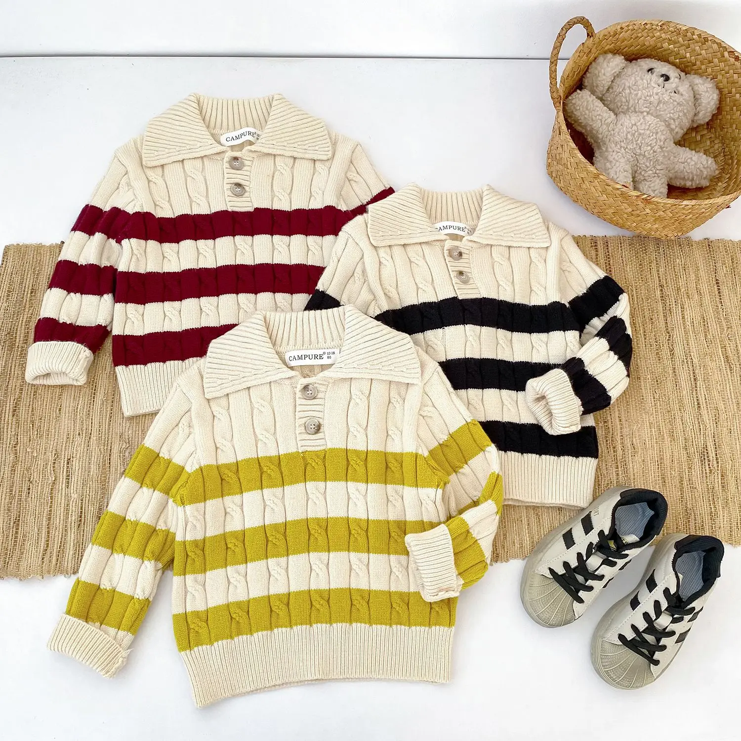 2026 Autumn Kids Sweaters Striped Boys Knit Pullover Turn Down Collar Girls Knit Wear Girls Outfit