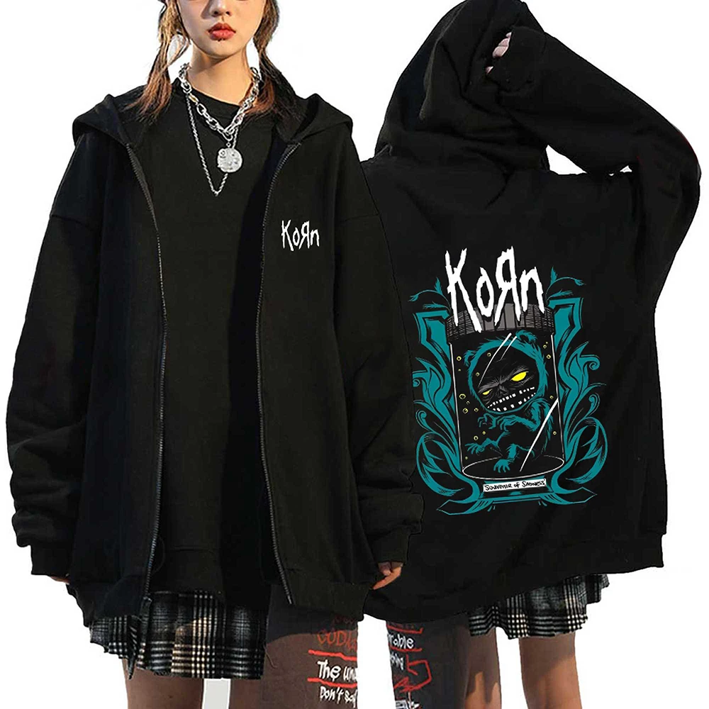 Korn Rock Band Print Zipper Hoodies Metal Music Men's Zip Up Jackets Hip Hop Streetwear Sweatshirts Unisex Y2K Cardigan Coats