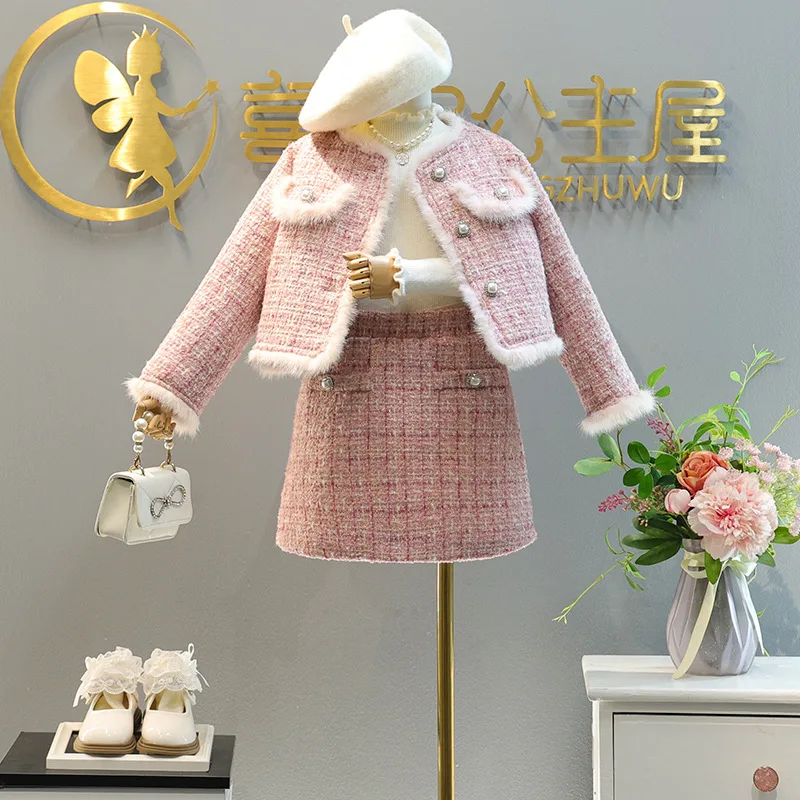 

Girls Suit2025Winter New Thickened Fleece Fox Fur Wool Coat and Skirt Two-Piece Set for Children