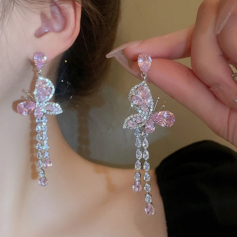 Sparkly Zircon Butterfly Earrings With Long Tassel Rhinestone Dangle Earrings Temperament Water Drop Earrings Female Jewelry