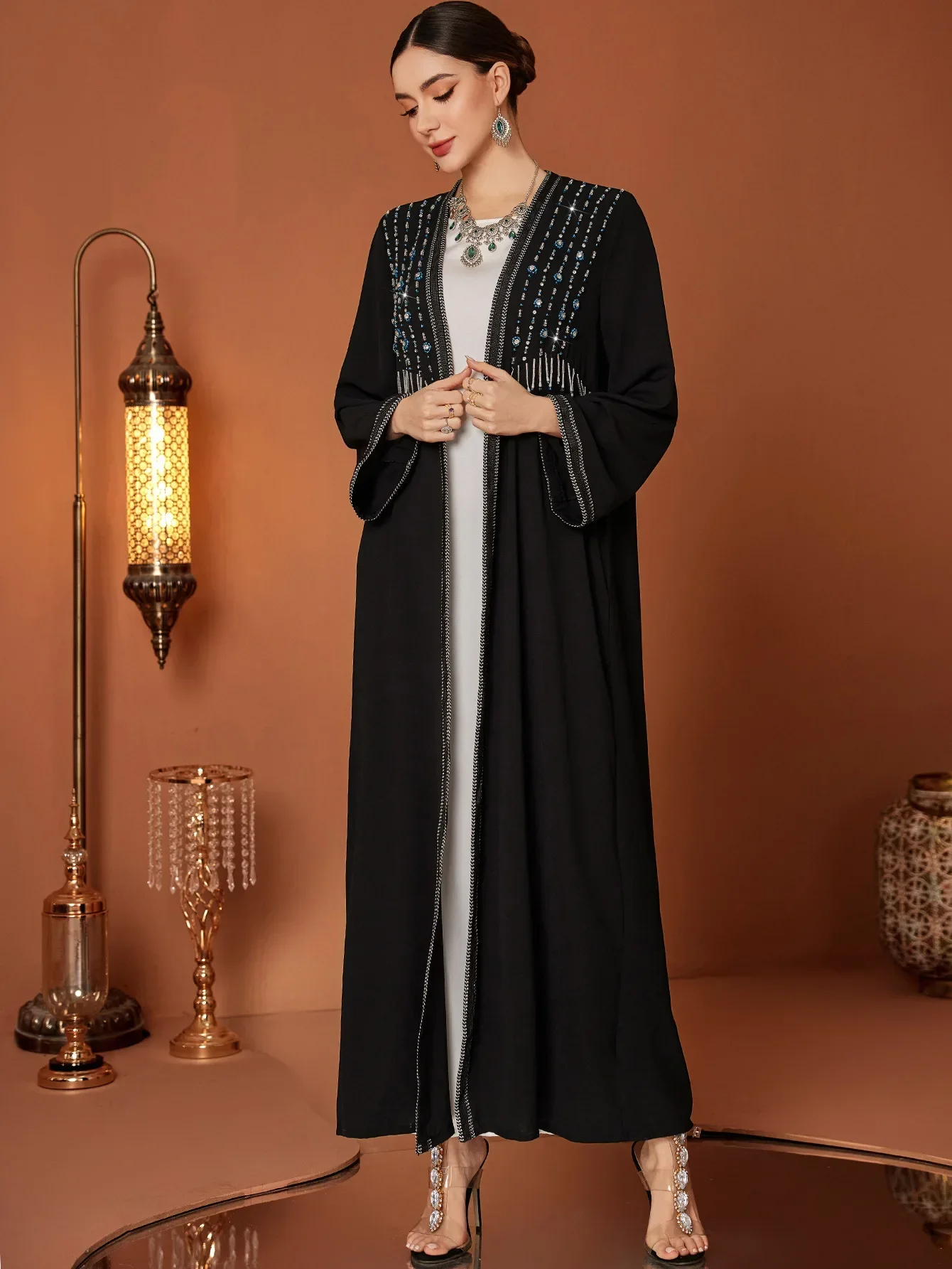 イード女性用アバヤ手縫いダイヤモンドムスリムオープンビーズ装飾ベスティドス・ラルゴス・パーティーカフタン・ジャラビーヤ・ラマダン・ドバイ・アラブロングローブ