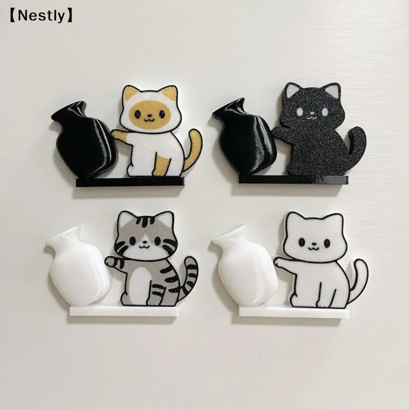 Cat Pushing Vase Refrigerator Magnets Home Decor Fridge Magnet Cat Whisker Collection Memorial Box Home Office Decor〔Nest〕