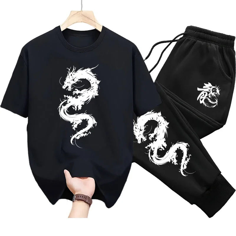 

Chinese Dragon Print Men's Set Pure Cotton T-shirt and Trousers Spring Summer Daily Casual Sport Outfits Urban Fashion Tracksuit