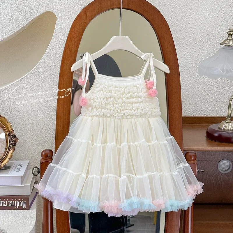 Girls Dress 2024 Summer New Slip Dress Cake Stylish Foreign Pomp Dress Playful Cute Princess Skirt Baby Girl Fashion Solid Skirt