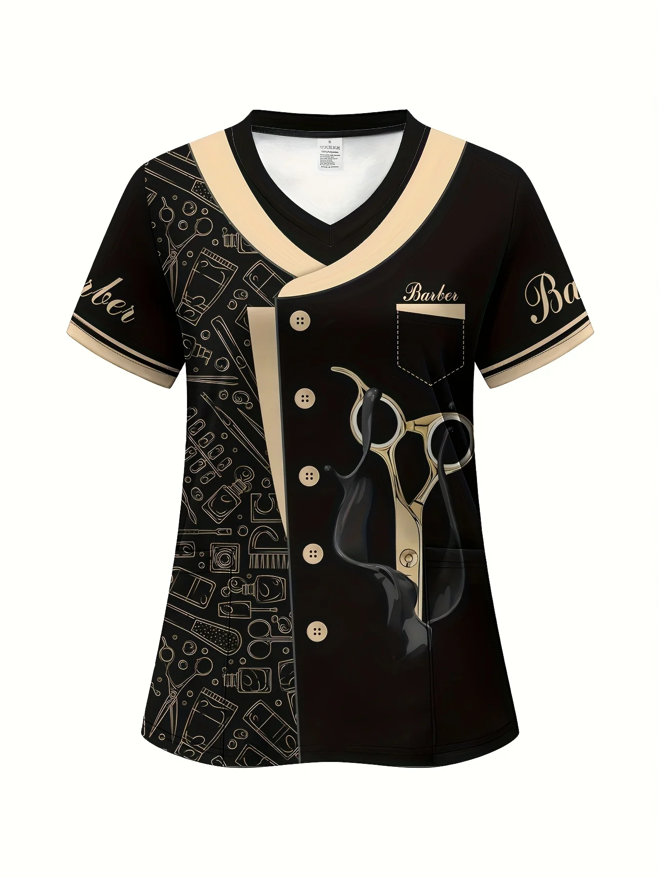Vêtements d'été pour femmes, uniforme de barbier élégant, T-Shirt noir à col en v avec peigne à ciseaux imprimé, parfait pour les coiffeurs, 2025