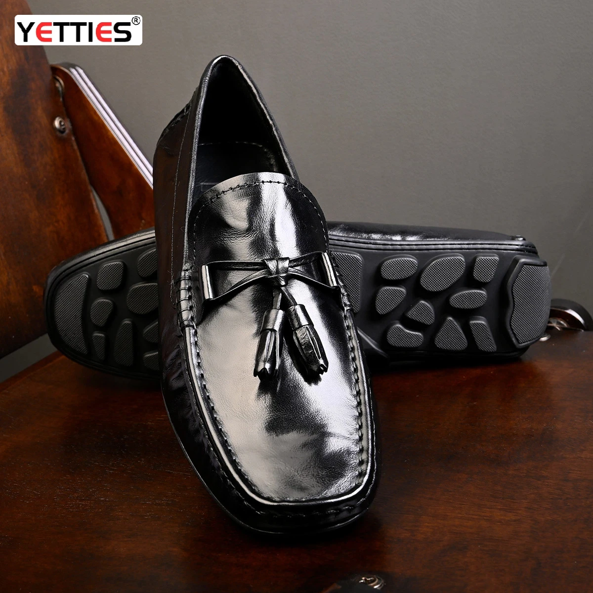 

YETTIES Men's Business Casual Loafers, Genuine Soft Leather Slip-On Shoes with Pebble Sole, Breathable Comfort Driving Moccasins