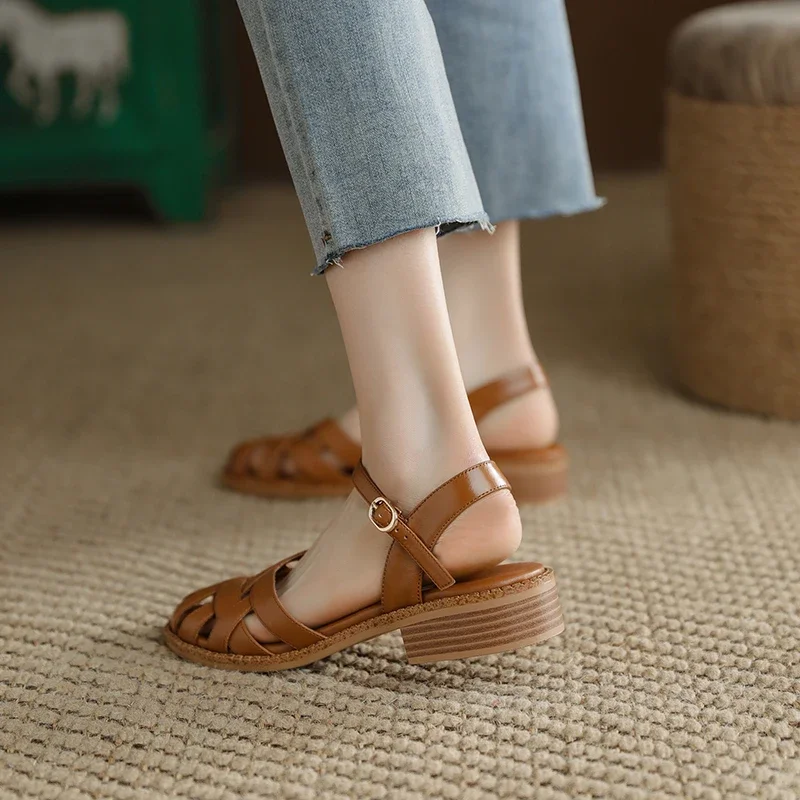 Retro style Summer Women Sandals Fashion Elegant Weave Cover Toe Shoes Ladies Comfort Low Heel Beach Vacation Sandalias