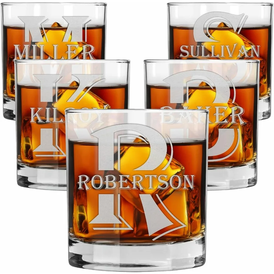 

Custom Engraved Whiskey Glass 11 oz Old Fashioned Tumbler with Personalized Monogram Featuring Last Name Ideal for Weddings Gro