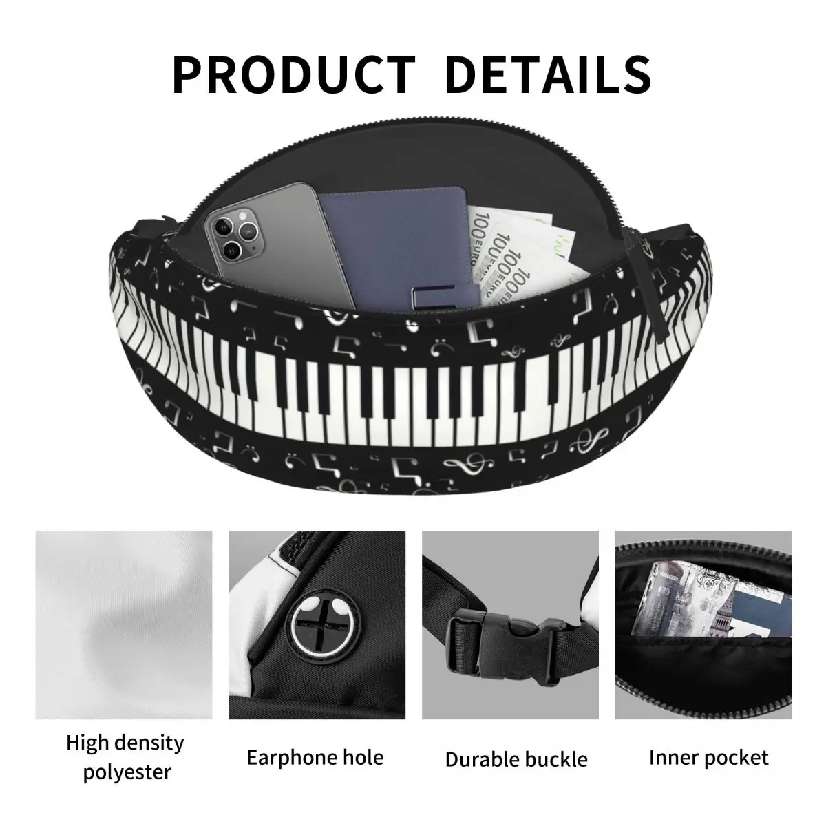 Music Notes With Piano Fanny Pack Women Men Musician Musical Lover Crossbody Waist Bag for Travel Cycling Phone Money Pouch