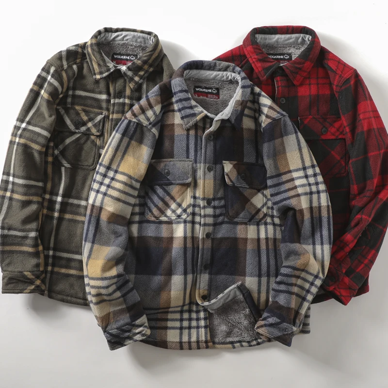 Thickened Fleece Casual Warm Plaid Shirt Loose Outerwear Coat Men's Long Sleeve Turn-down Collar Autumn Winter Fashion Clothing
