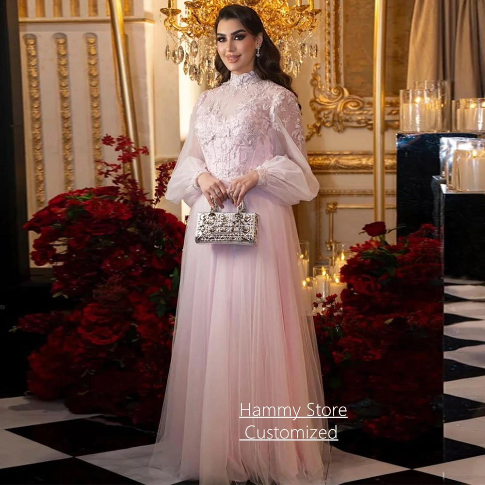 

Arabian Woman Evening Dress Puff Sleeves Customized High Neck Flower Applique Soft Tulle A Line Saudi Prom Gown Party Dresses