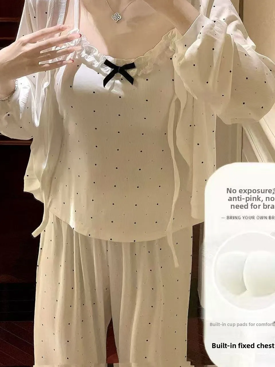 Sweet Cute Women's Sleepwear Set with Chest Pad Long Sleeve Long Pants Summer New Style Korean Polka Dot Three-piece Home Clo...
