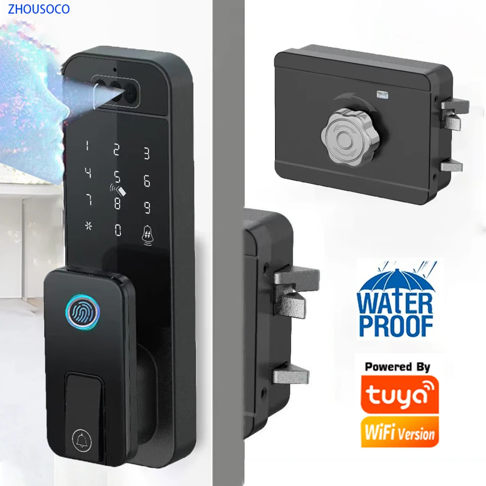 

Водонепроницаемый Tuya Wi-Fi, распознавание лиц, отпечаток пальца, умный дверной замок с дверным звонком, перезаряжаемая батарея, приложение, замок без ключа