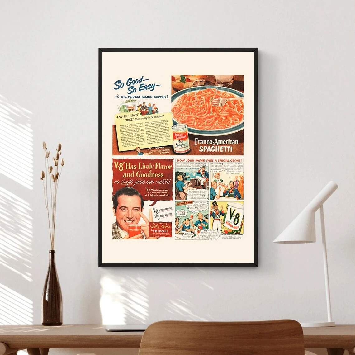 VINTAGE TOMATO JUICE Ad - Retro Spaghetti Ad - Arte de cocina antiguo Publicidad retro Anuncio de los años 50 American Kitsch Art