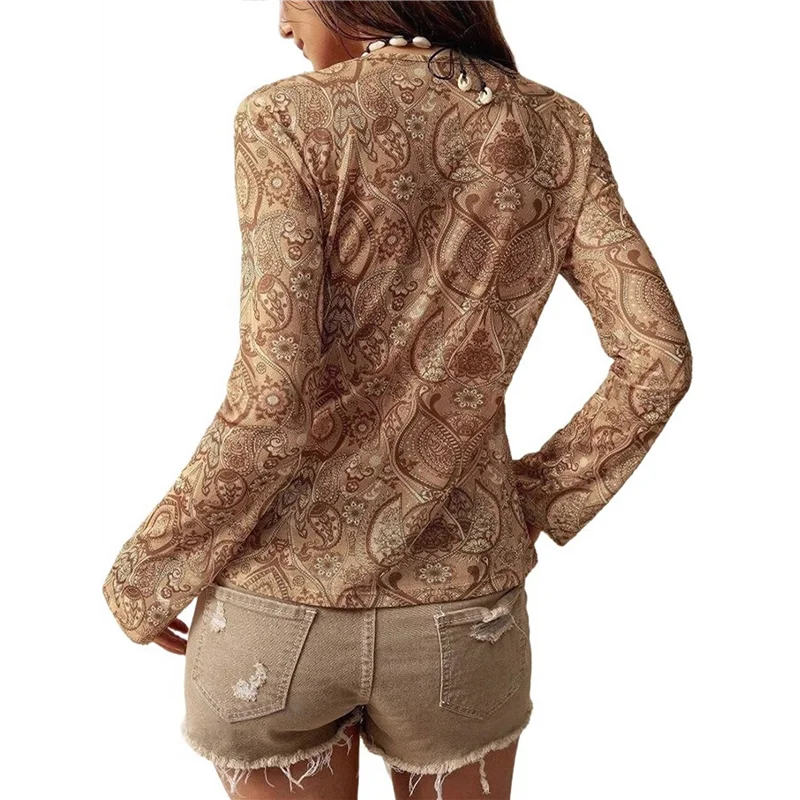 

ASDS-Women's Sheer Mesh Long Sleeve Tops Print Button Down Ruched Y2k Blouse Shirts