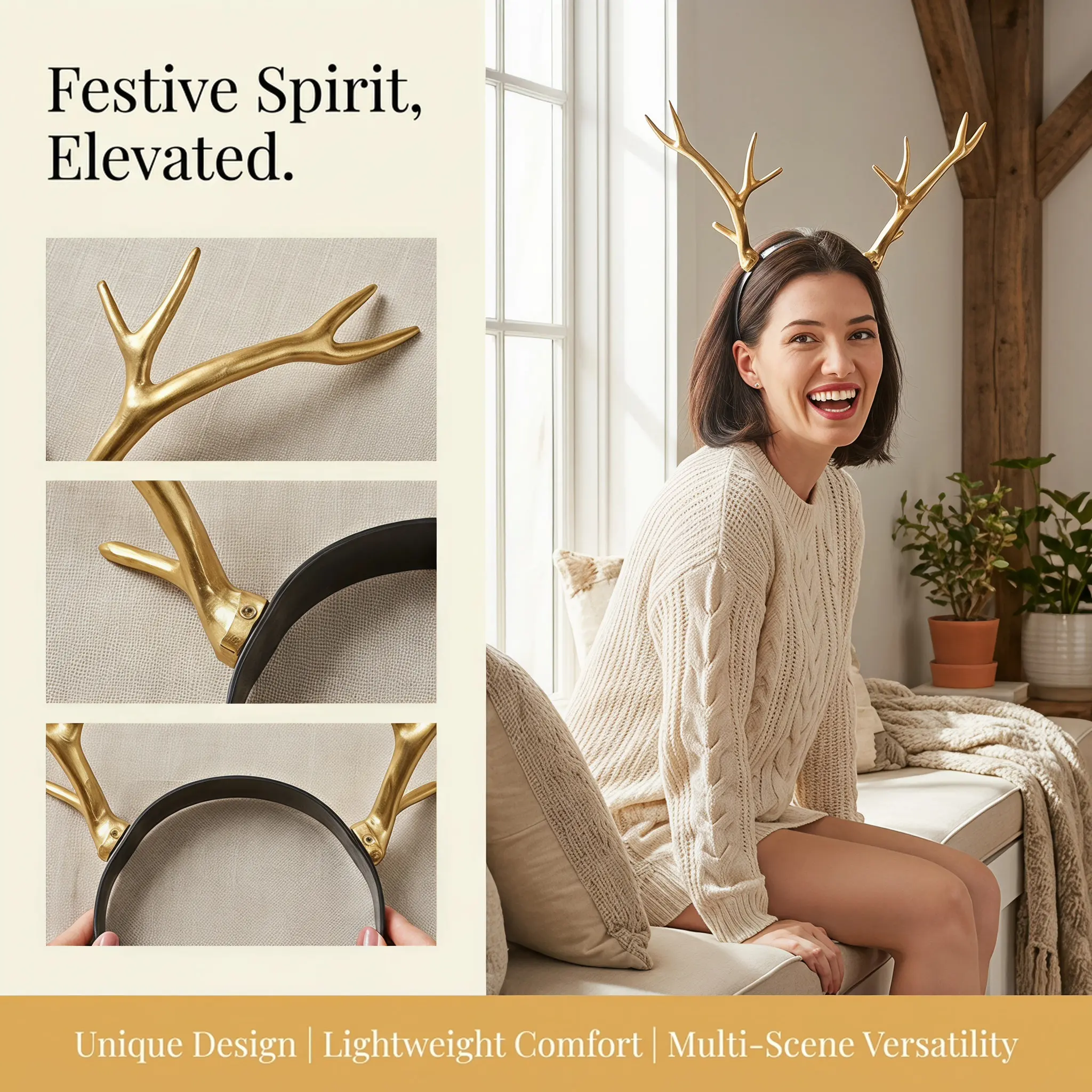 Antler Headband Artificial Golden Size Cosplay Party Hair Hoop Performance Hair Accessories Halloween Decoration