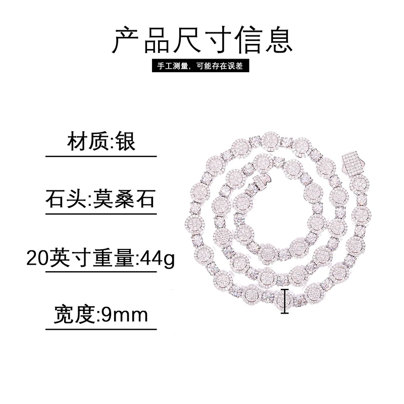 S925 Sterling Silver Moissanite Round Tennis Link Chain Necklace for Women Men Hip Hop Bling Ice Out Rapper Jewelry