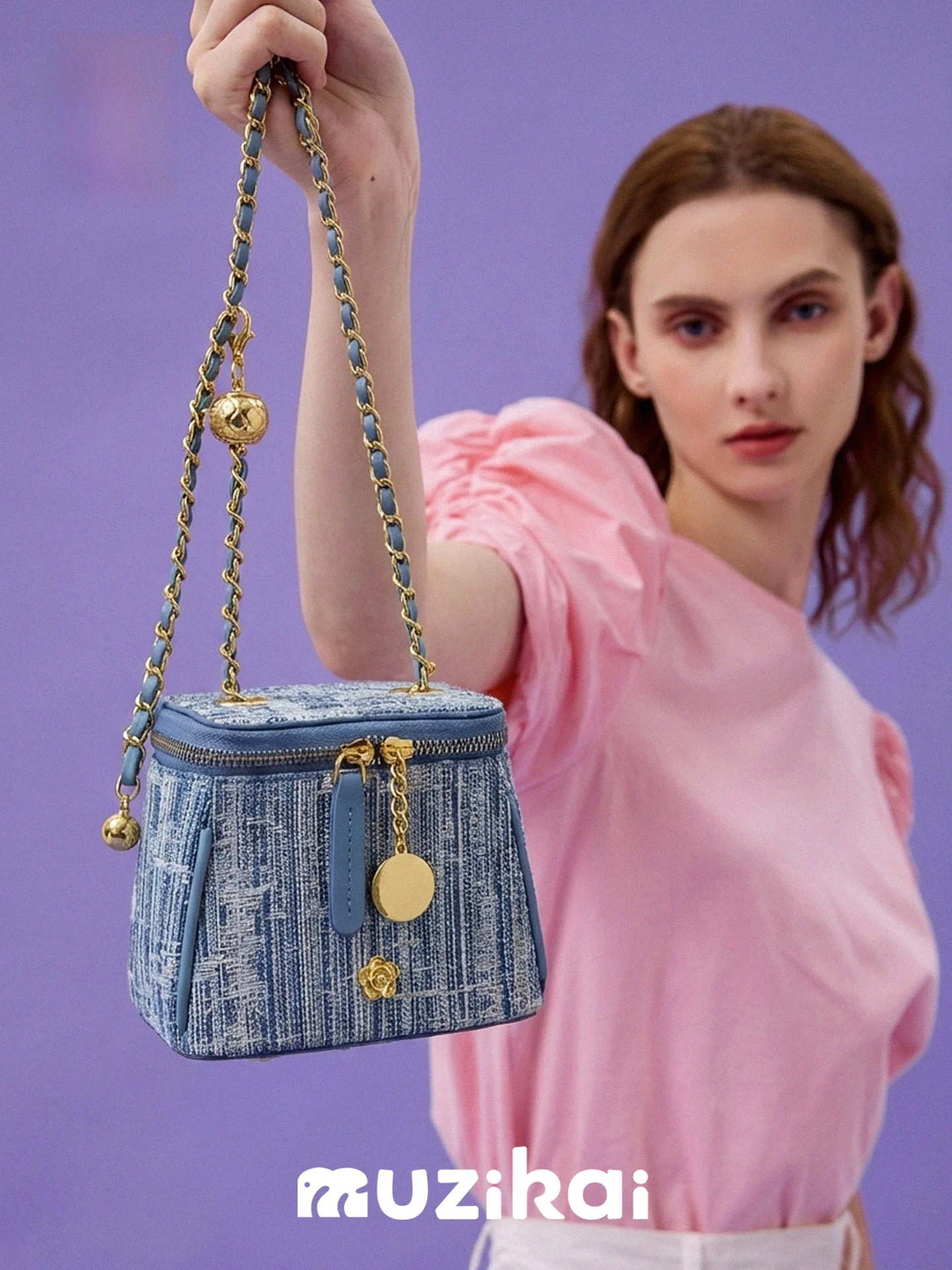 

MuziKai Casual Denim Chain Crossbody Bag for Women Versatile Commuter Style Spring 2024 Polyester Zipper Closure