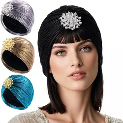 New Women Indian Turban Hat Head Wrap Pleated Soft Hair Hijab Cap Headwear with Brooch Jewelry Beanie Skullies Turban Chemo Cap