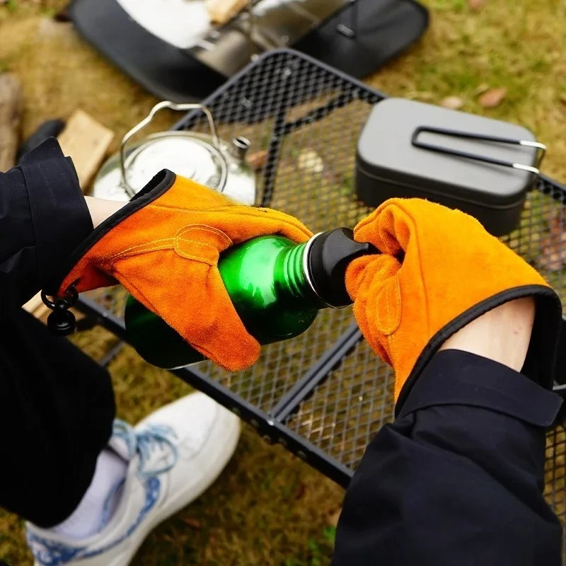 Heat Resistant BBQ Gloves Cowhide Leather Grilling Mitts for Camping Fire Handling, Non-Slip Outdoor Grill Gloves for Fishing
