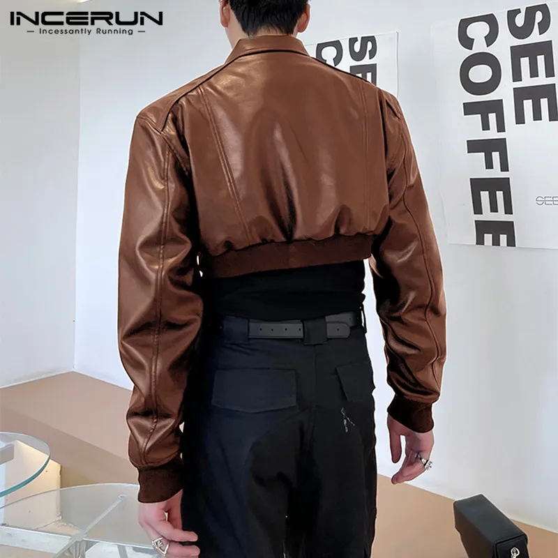 INCERUN Tops 2024 Korean Style New Men Zipper Shoulder Pad Cropped Jackets Casual Loose Solid Long Sleeved Leather Jackets S-5XL