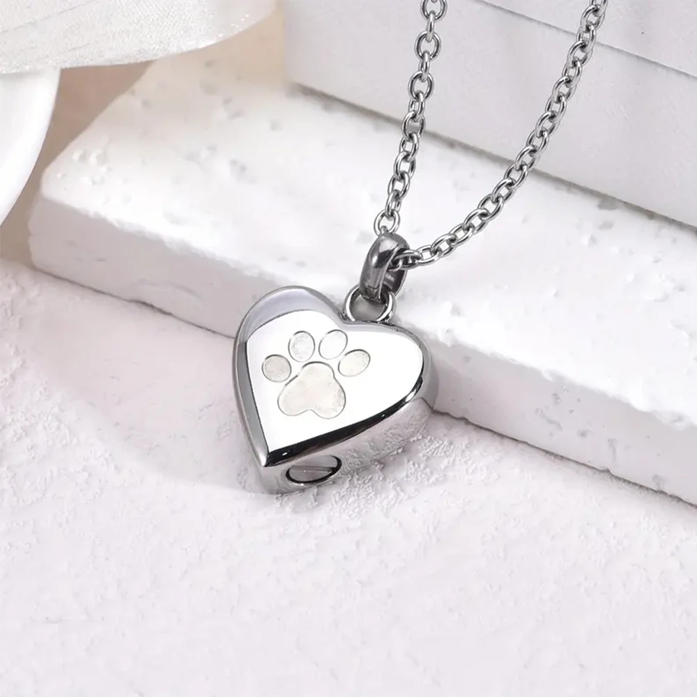 Pfotenabdruck Haustier Herz Urne Halskette Memorial Andenken Schmuck Asche Feuerbestattung Schmuck für Asche für Hund/Katze Pfote Edelstahl Me – Detail 3